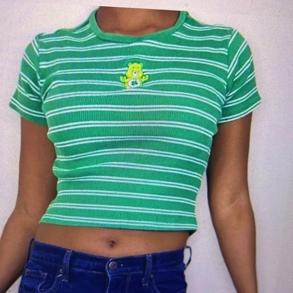 Striped Care Bear Oopsy green and white Y2K cropped baby tee - Picture 1 of 4